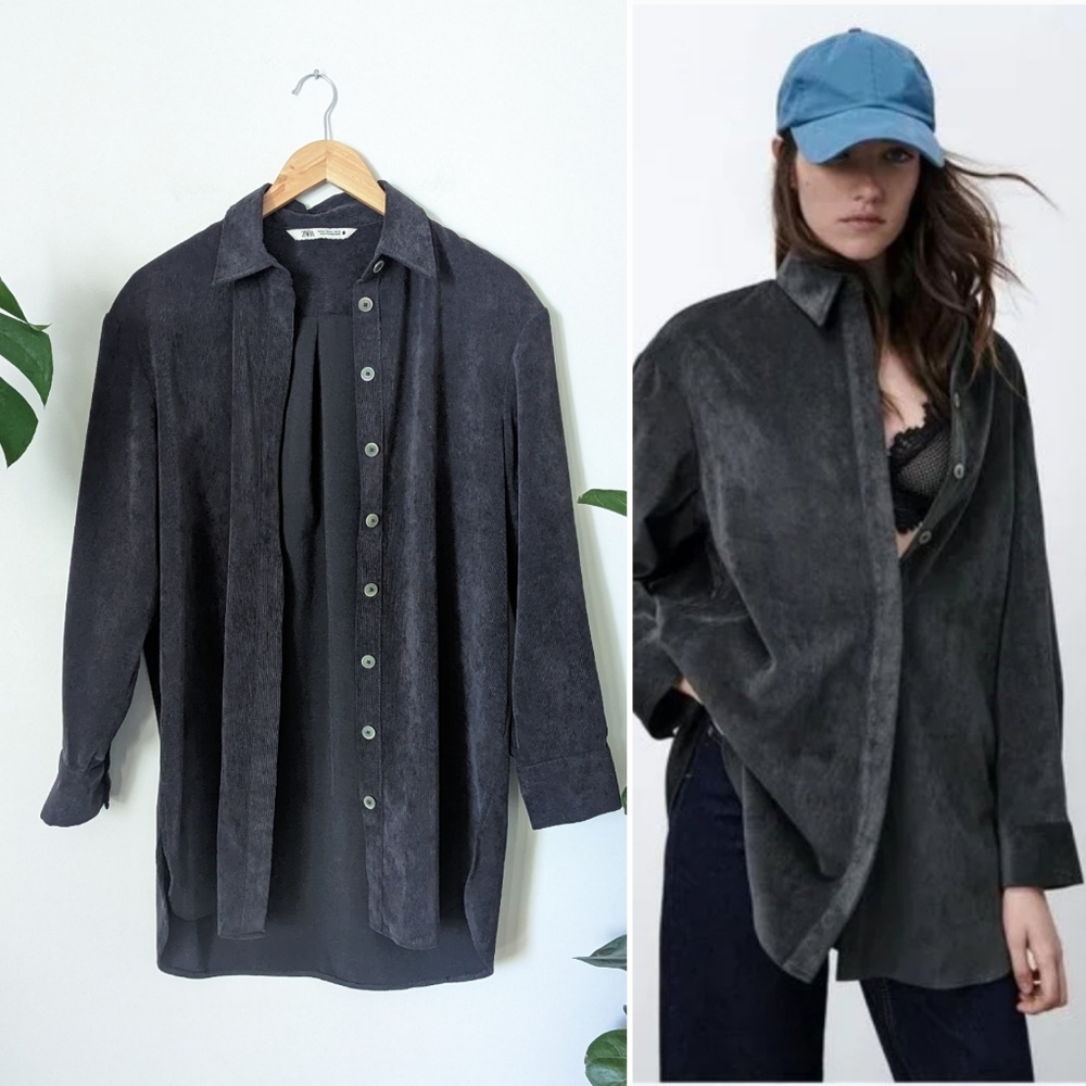 Zara | Fine Wale Corduroy Grey Oversize Button Down Shirt/Shacket